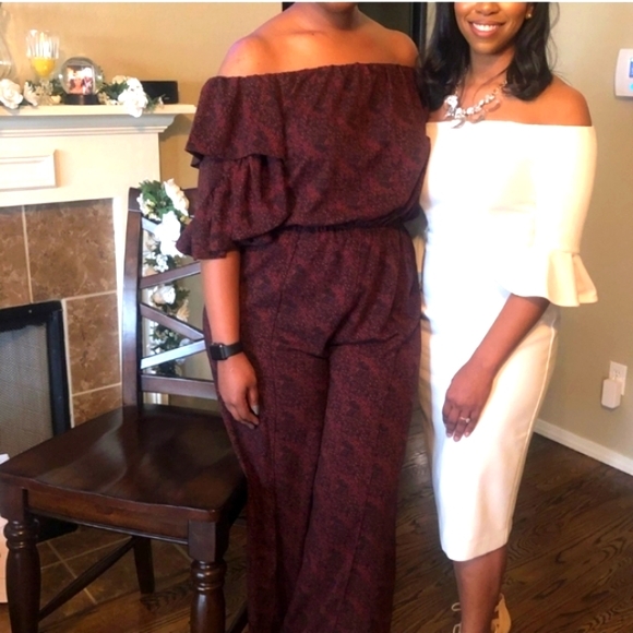 Gibson Latimer Burgundy Off Shoulder Jumpsuit Puff Butterfly Party Holiday Glam - Picture 10 of 16